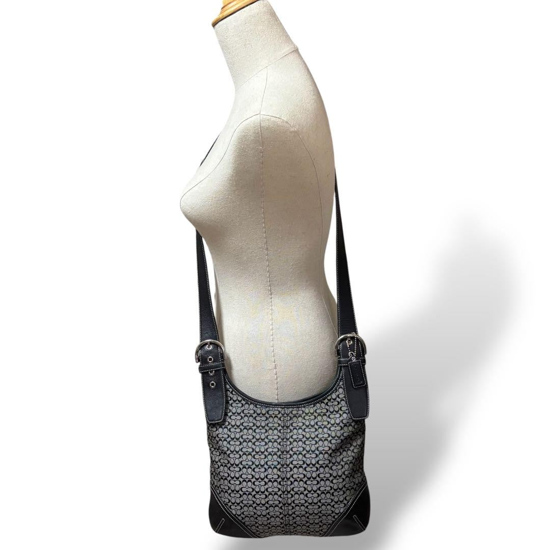 COACH Shoulder Bag Purse Signature 6386 Canvas Leather Black Gray Authentic