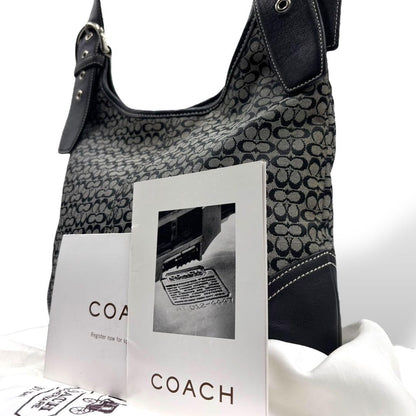 COACH Shoulder Bag Purse Signature 6386 Canvas Leather Black Gray Authentic