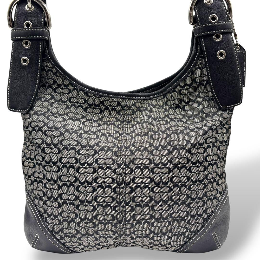 COACH Shoulder Bag Purse Signature 6386 Canvas Leather Black Gray Authentic