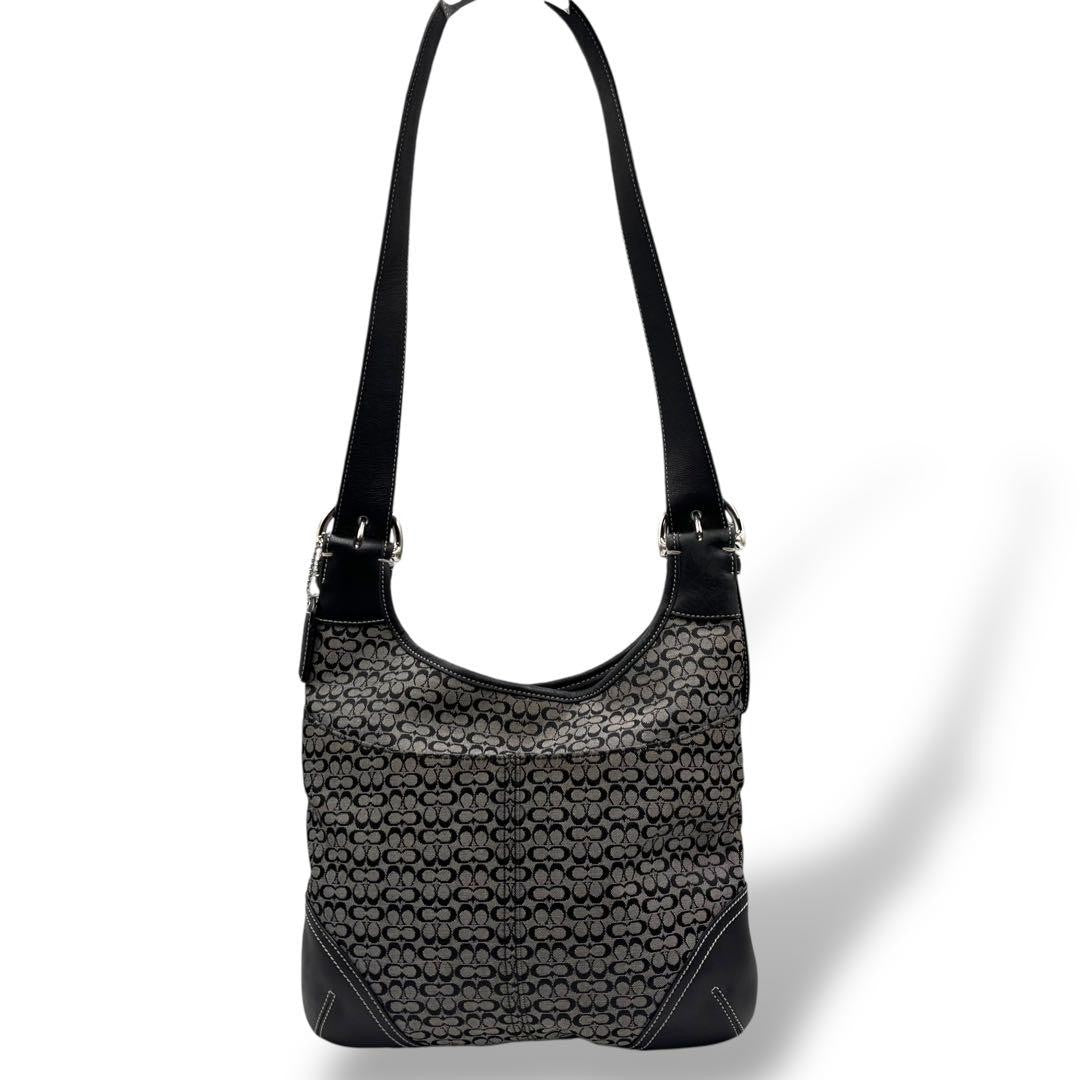 COACH Shoulder Bag Purse Signature 6386 Canvas Leather Black Gray Authentic