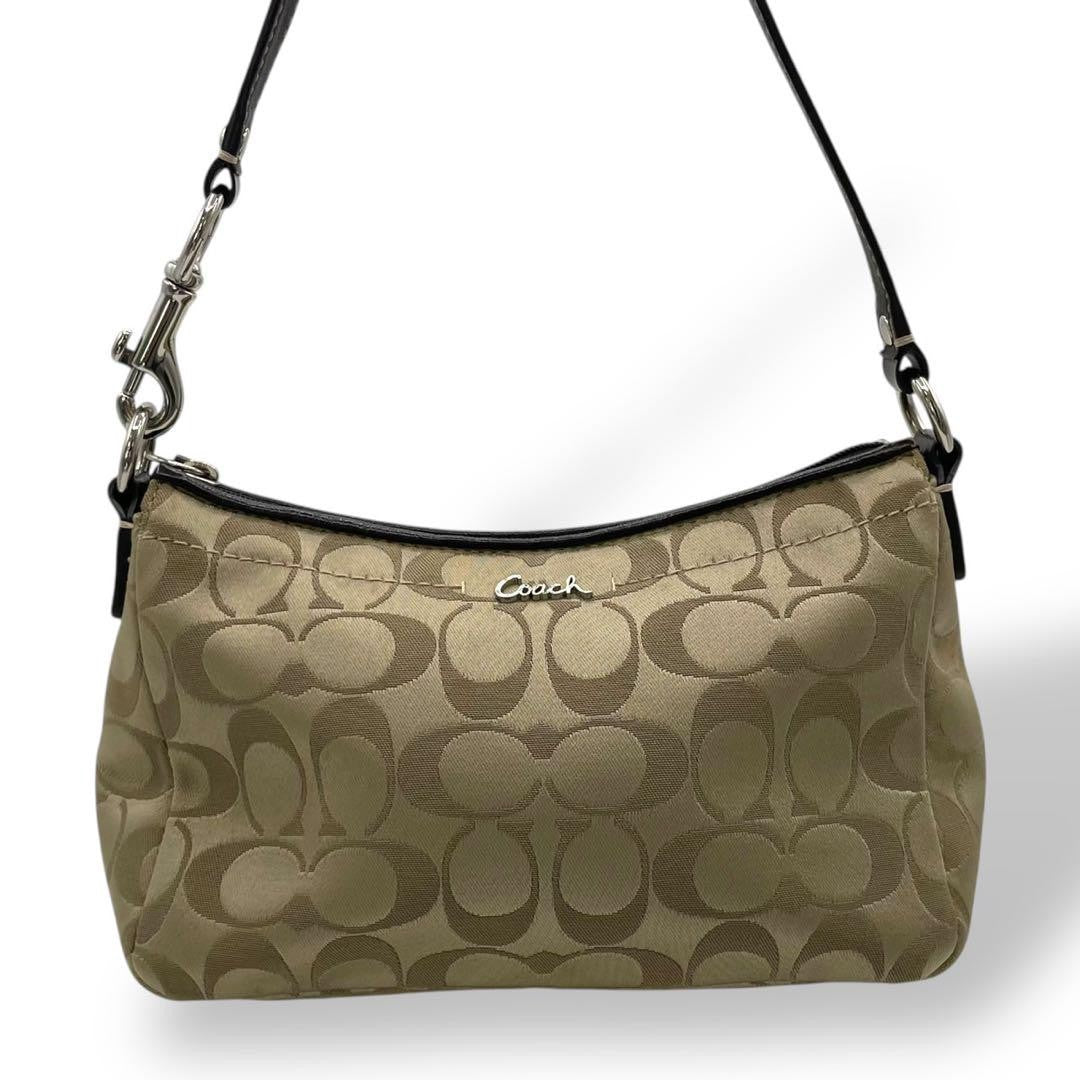 COACH Accessory Pouch Hand Bag Tote Purse Signature Nylon Leather Gold Authentic