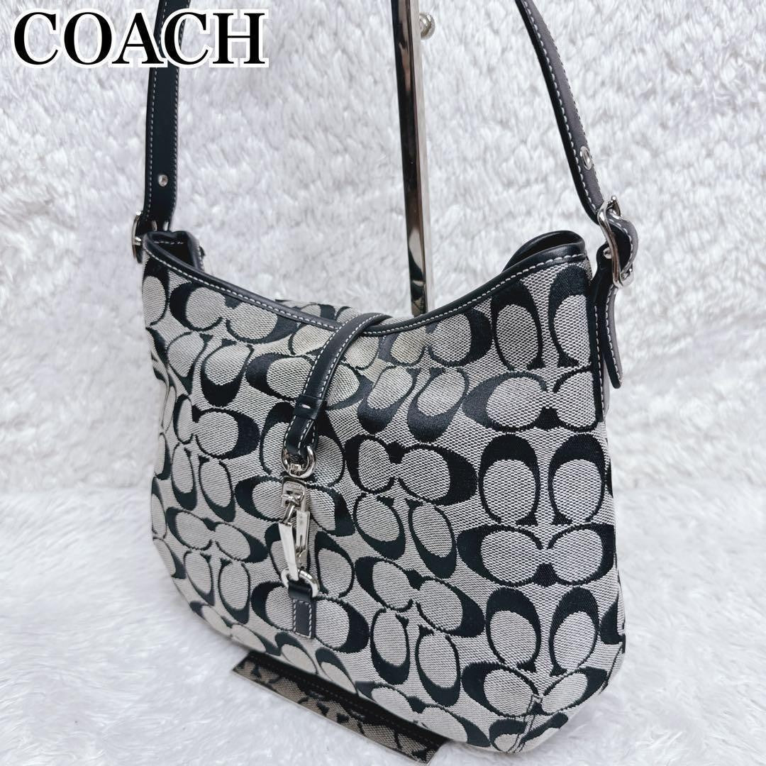 COACH Shoulder Bag Purse Signature 6845 Canvas Leather Gray Black Authentic