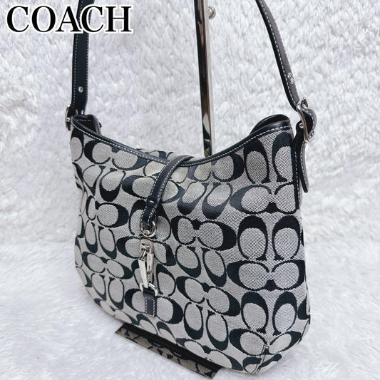 COACH Shoulder Bag Purse Signature 6845 Canvas Leather Gray Black Authentic