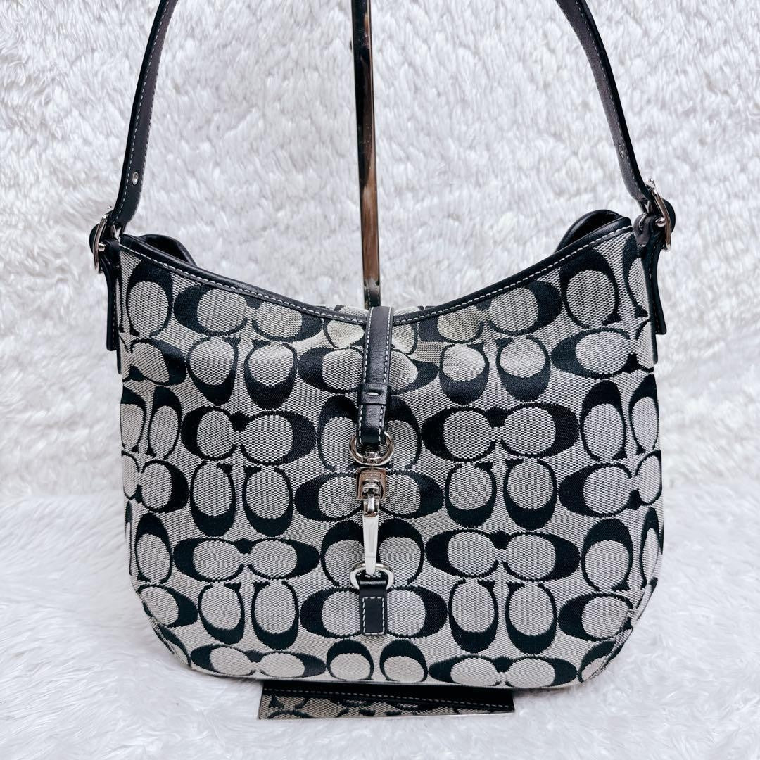 COACH Shoulder Bag Purse Signature 6845 Canvas Leather Gray Black Authentic