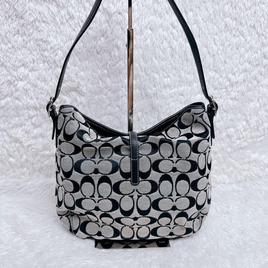 COACH Shoulder Bag Purse Signature 6845 Canvas Leather Gray Black Authentic