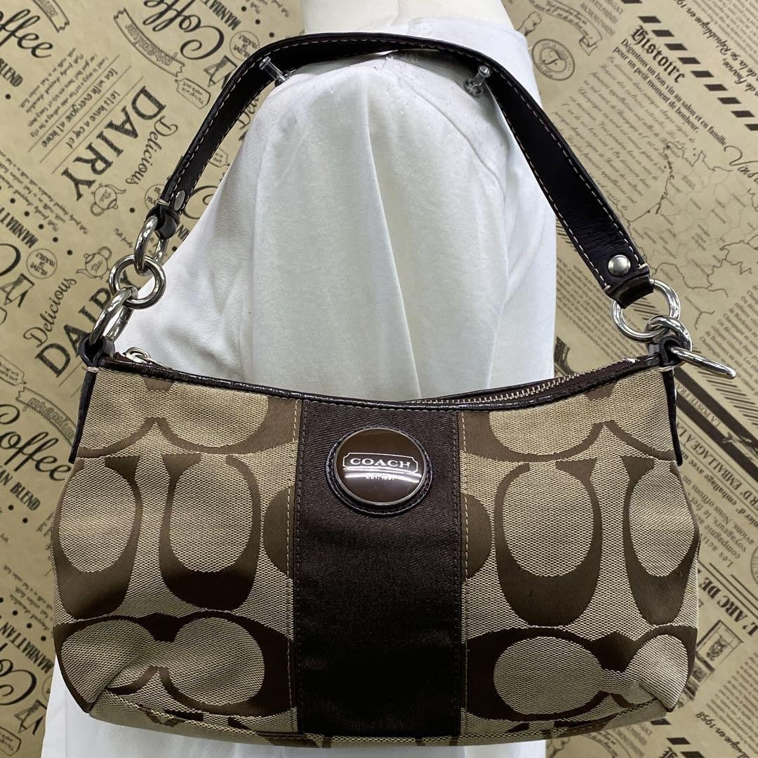 COACH Shoulder Bag Purse Signature Canvas Leather Brown Authentic
