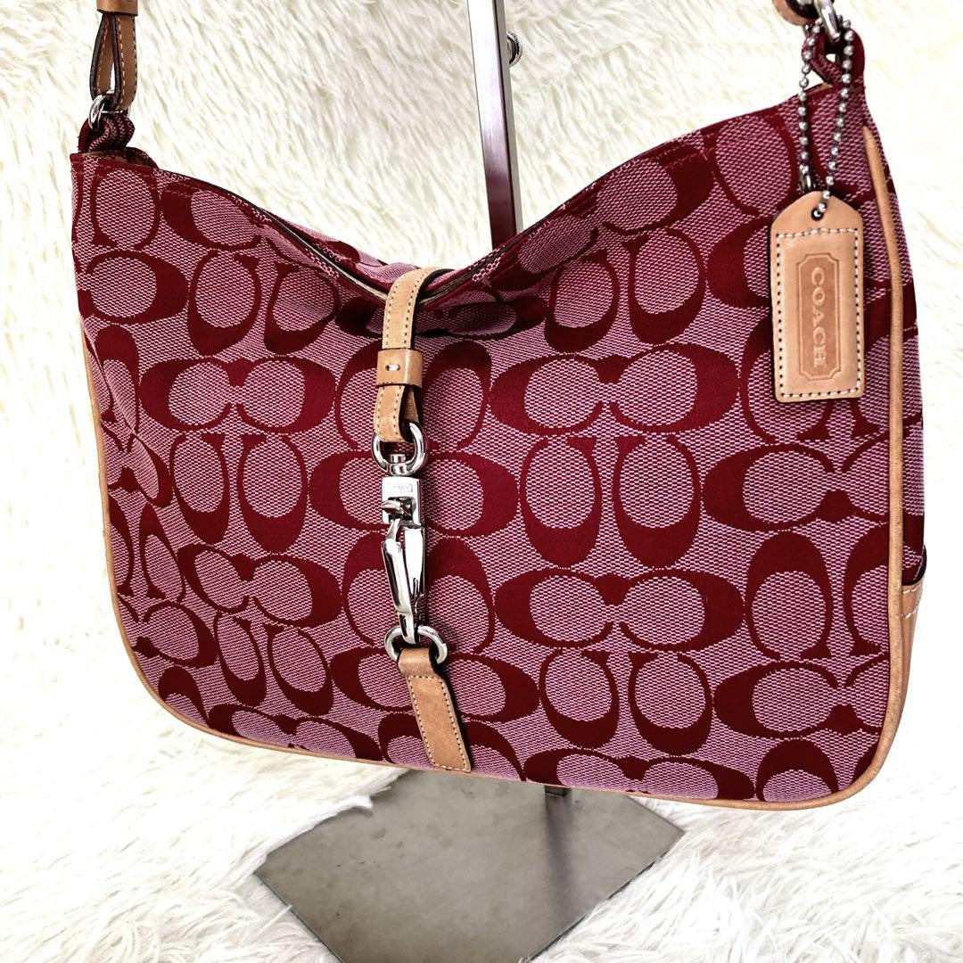 COACH Shoulder Bag Purse Signature 6091 Canvas Leather Red Authentic