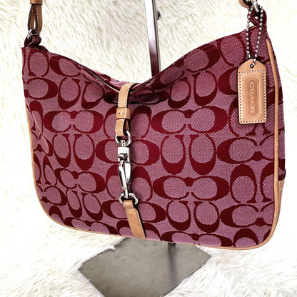 COACH Shoulder Bag Purse Signature 6091 Canvas Leather Red Authentic