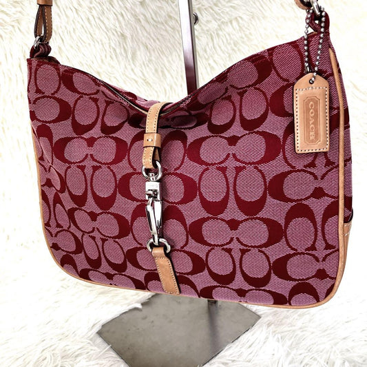 COACH Shoulder Bag Purse Signature 6091 Canvas Leather Red Authentic