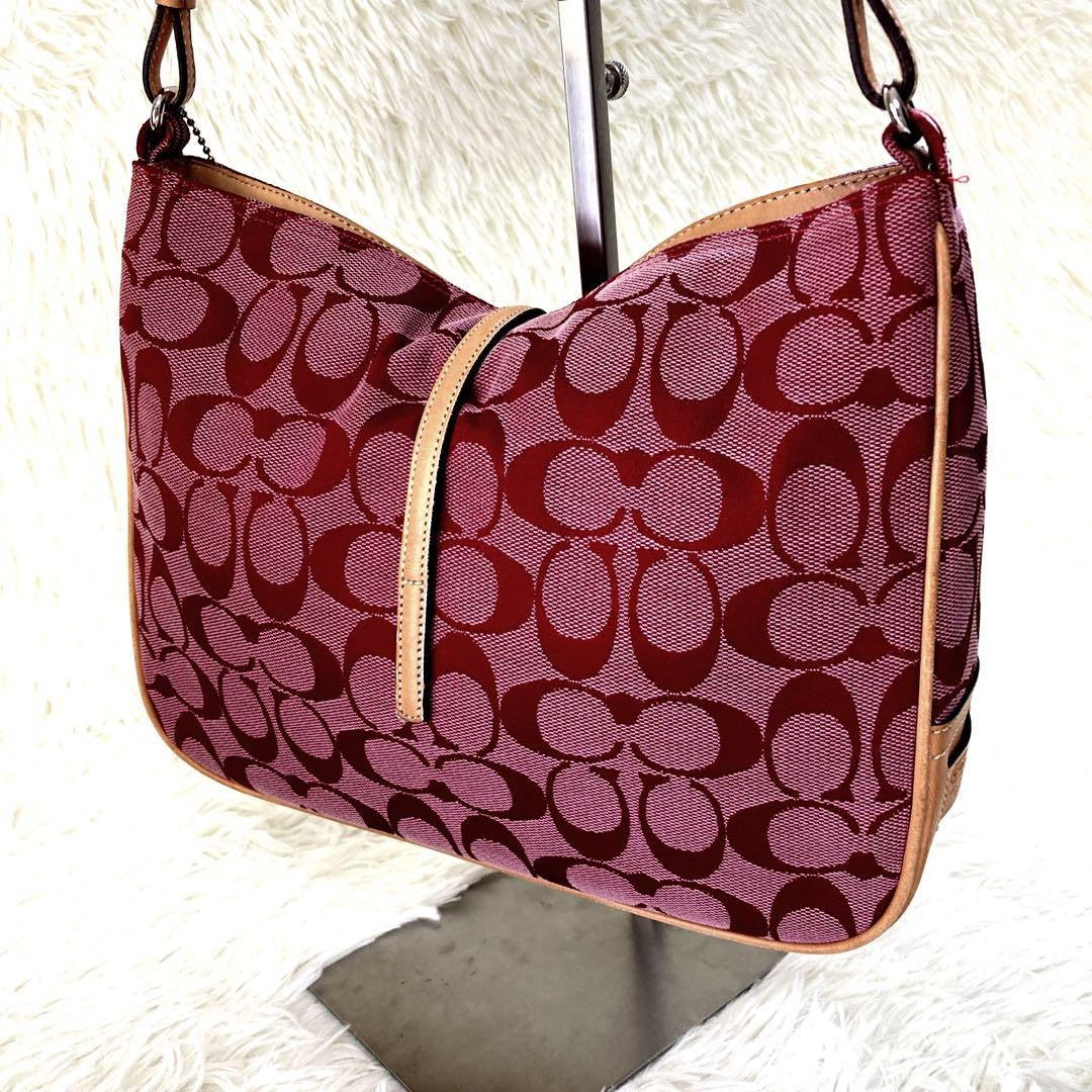 COACH Shoulder Bag Purse Signature 6091 Canvas Leather Red Authentic