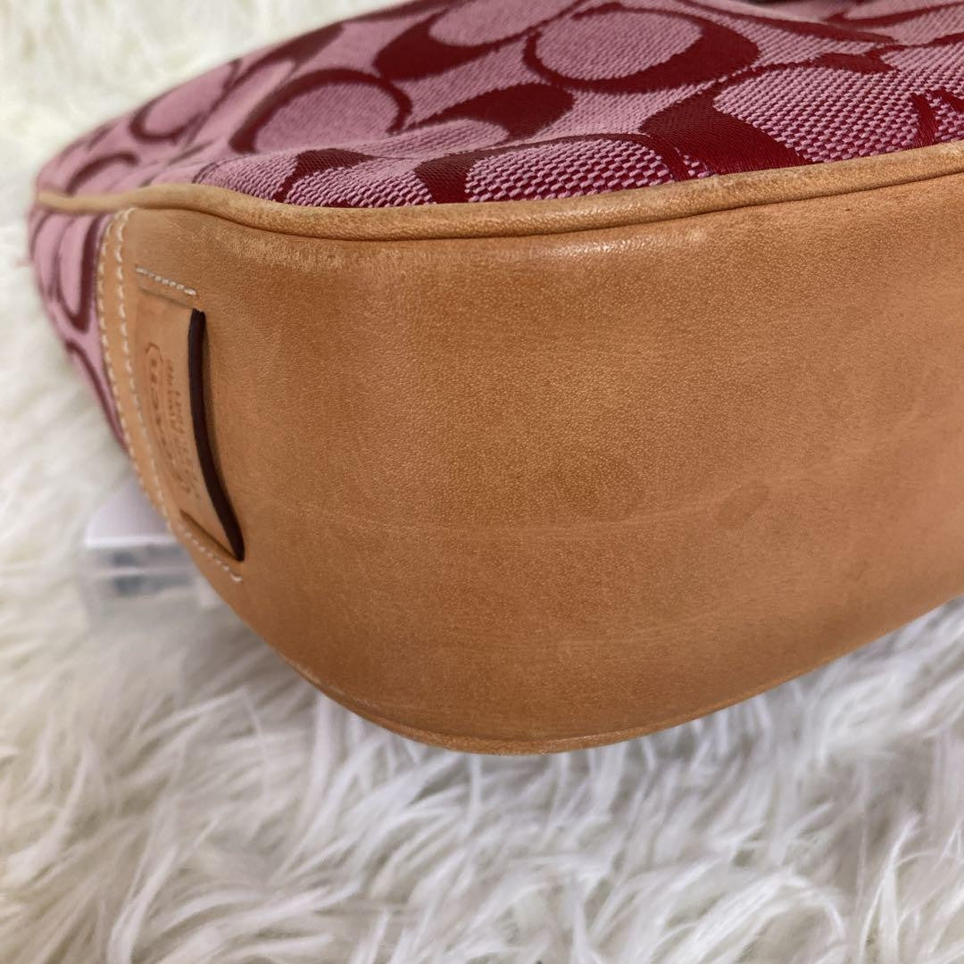 COACH Shoulder Bag Purse Signature 6091 Canvas Leather Red Authentic