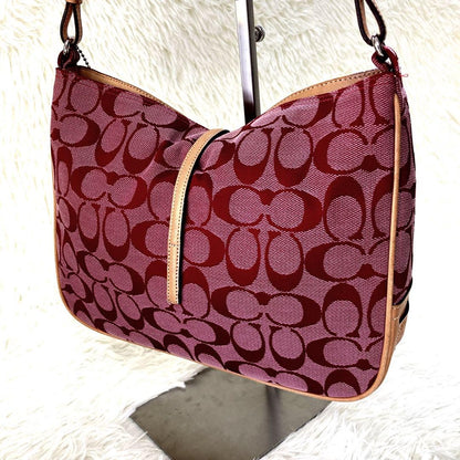 COACH Shoulder Bag Purse Signature 6091 Canvas Leather Red Authentic