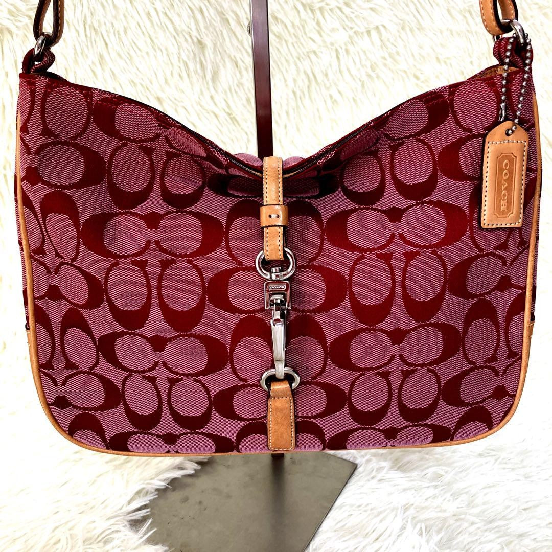 COACH Shoulder Bag Purse Signature 6091 Canvas Leather Red Authentic