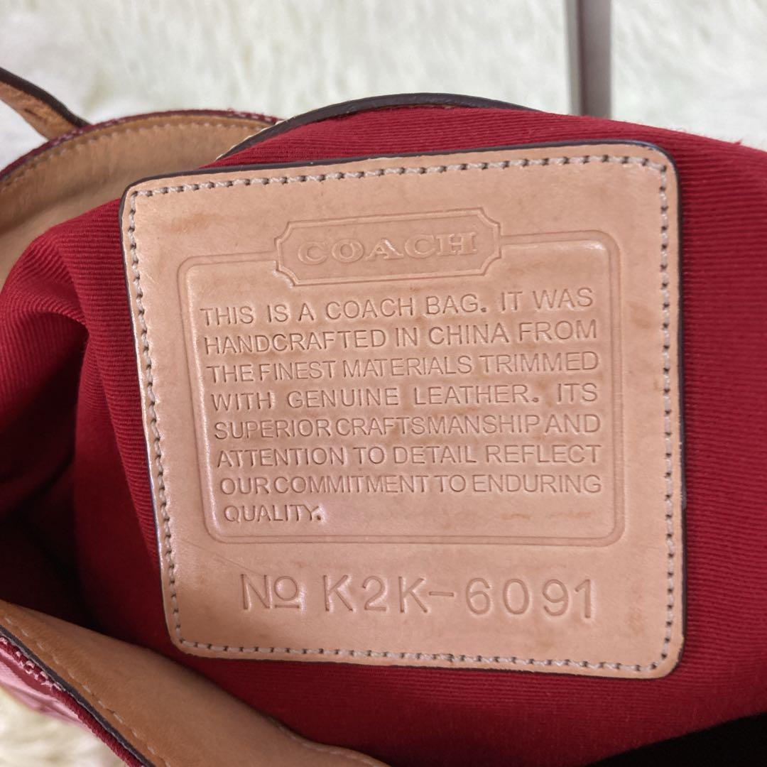 COACH Shoulder Bag Purse Signature 6091 Canvas Leather Red Authentic