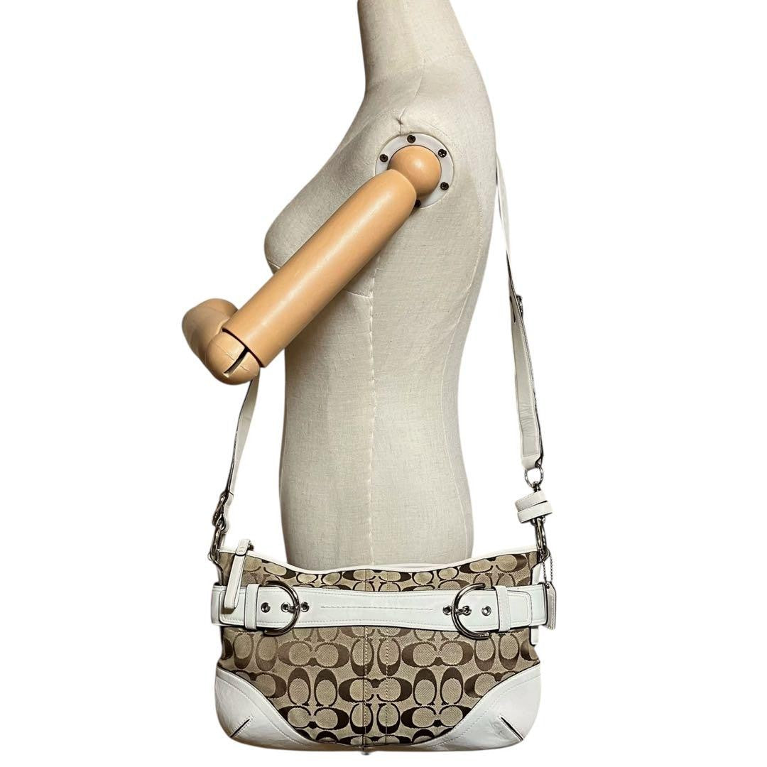 COACH Shoulder Bag Purse 2way Soho Signature 7077 Canvas Beige Authentic