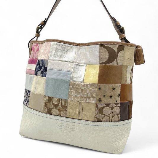 COACH Hand Bag Tote Purse Signature patch work Leather Beige Multicolor Auth