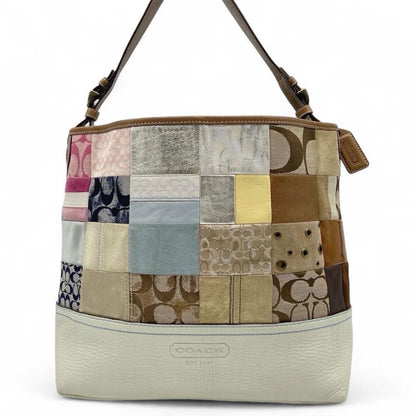 COACH Hand Bag Tote Purse Signature patch work Leather Beige Multicolor Auth