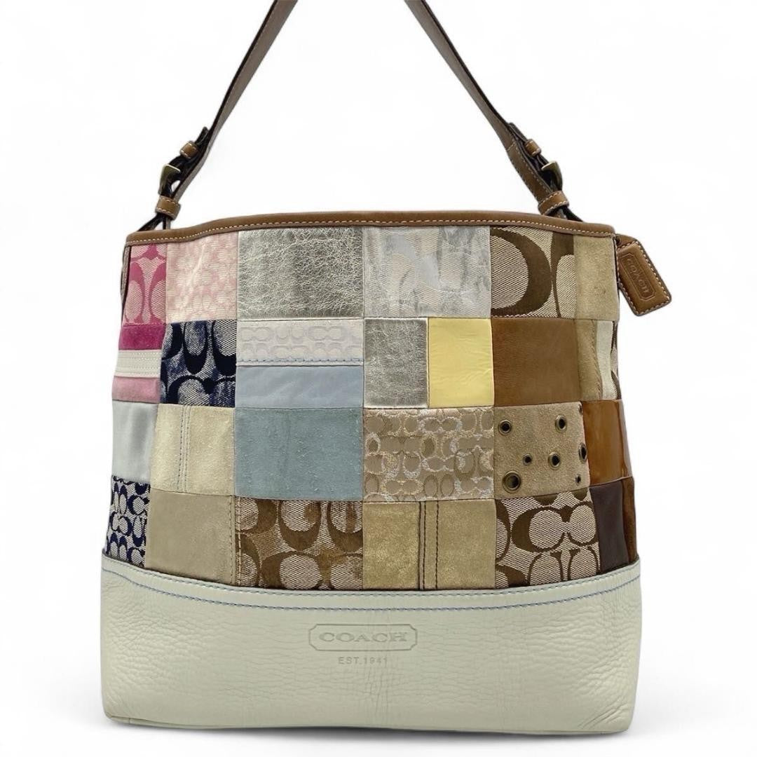COACH Hand Bag Tote Purse Signature patch work Leather Beige Multicolor Auth