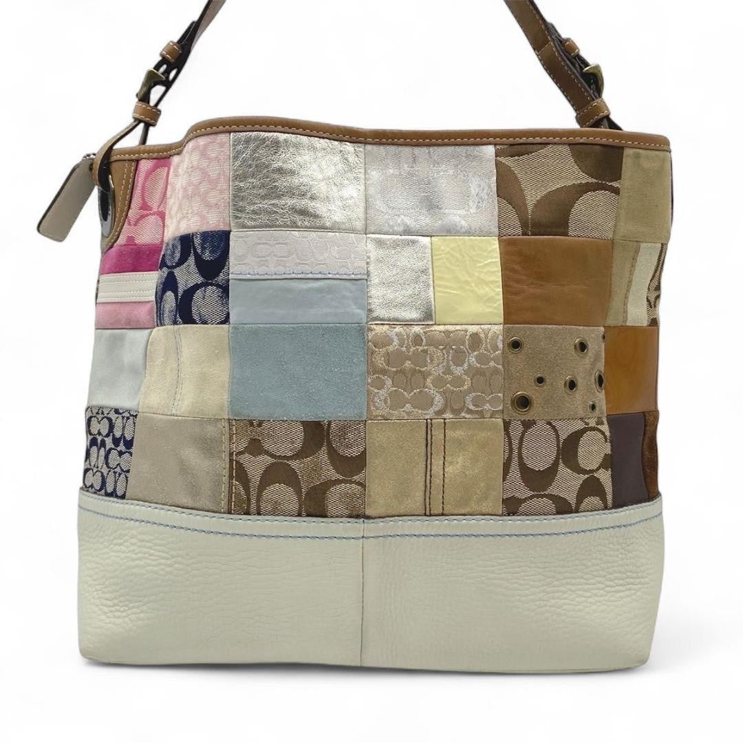 COACH Hand Bag Tote Purse Signature patch work Leather Beige Multicolor Auth