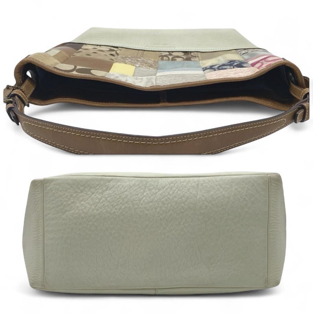 COACH Hand Bag Tote Purse Signature patch work Leather Beige Multicolor Auth