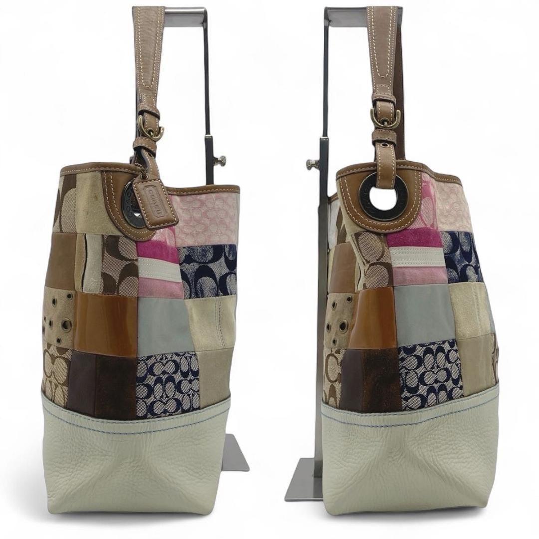 COACH Hand Bag Tote Purse Signature patch work Leather Beige Multicolor Auth