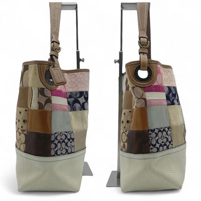 COACH Hand Bag Tote Purse Signature patch work Leather Beige Multicolor Auth