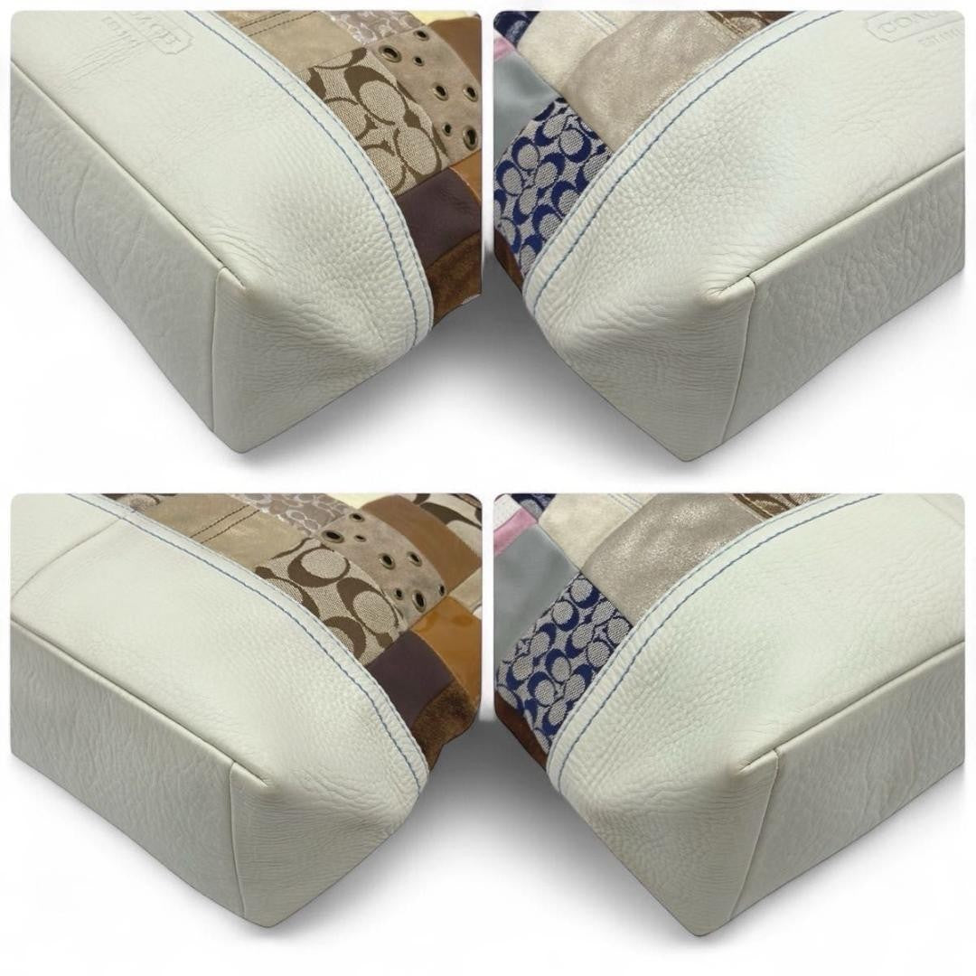 COACH Hand Bag Tote Purse Signature patch work Leather Beige Multicolor Auth