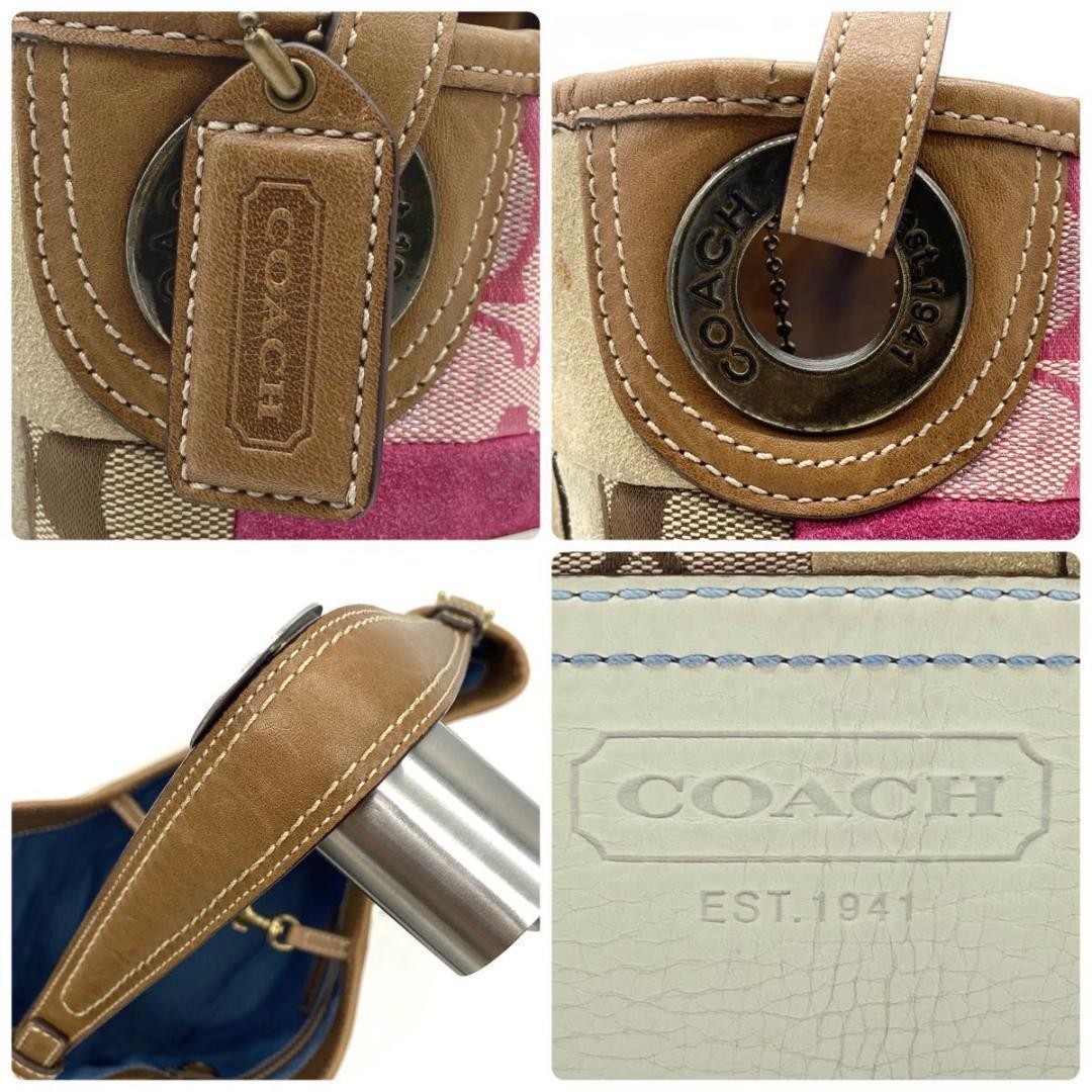 COACH Hand Bag Tote Purse Signature patch work Leather Beige Multicolor Auth