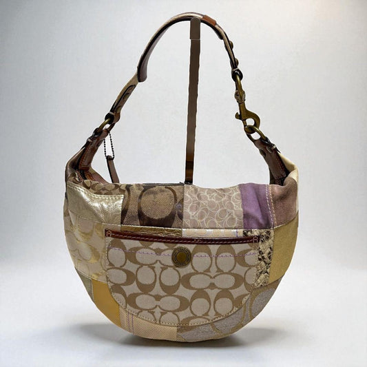 COACH Shoulder Bag Purse Signature 10019 Suede Canvas Brown Authentic