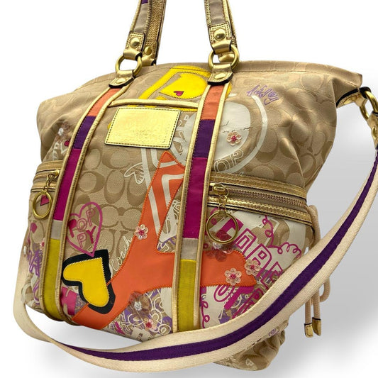 COACH Hand Bag Tote Purse Signature Canvas Leather Beige Authentic