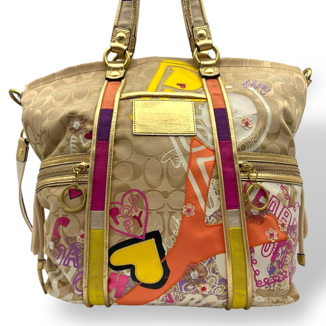 COACH Hand Bag Tote Purse Signature Canvas Leather Beige Authentic