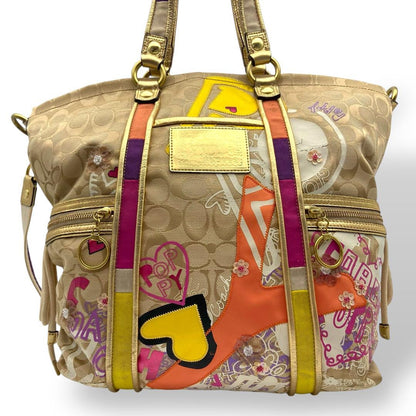 COACH Hand Bag Tote Purse Signature Canvas Leather Beige Authentic