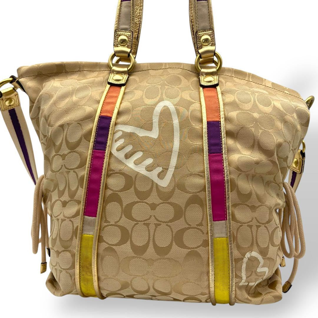 COACH Hand Bag Tote Purse Signature Canvas Leather Beige Authentic