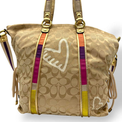 COACH Hand Bag Tote Purse Signature Canvas Leather Beige Authentic