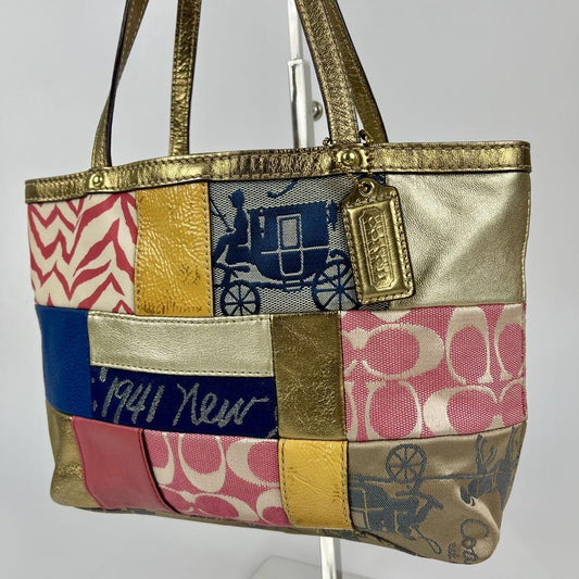 COACH Hand Bag Tote Purse 45656 Patchwork Signature Canvas Multicolor Authentic