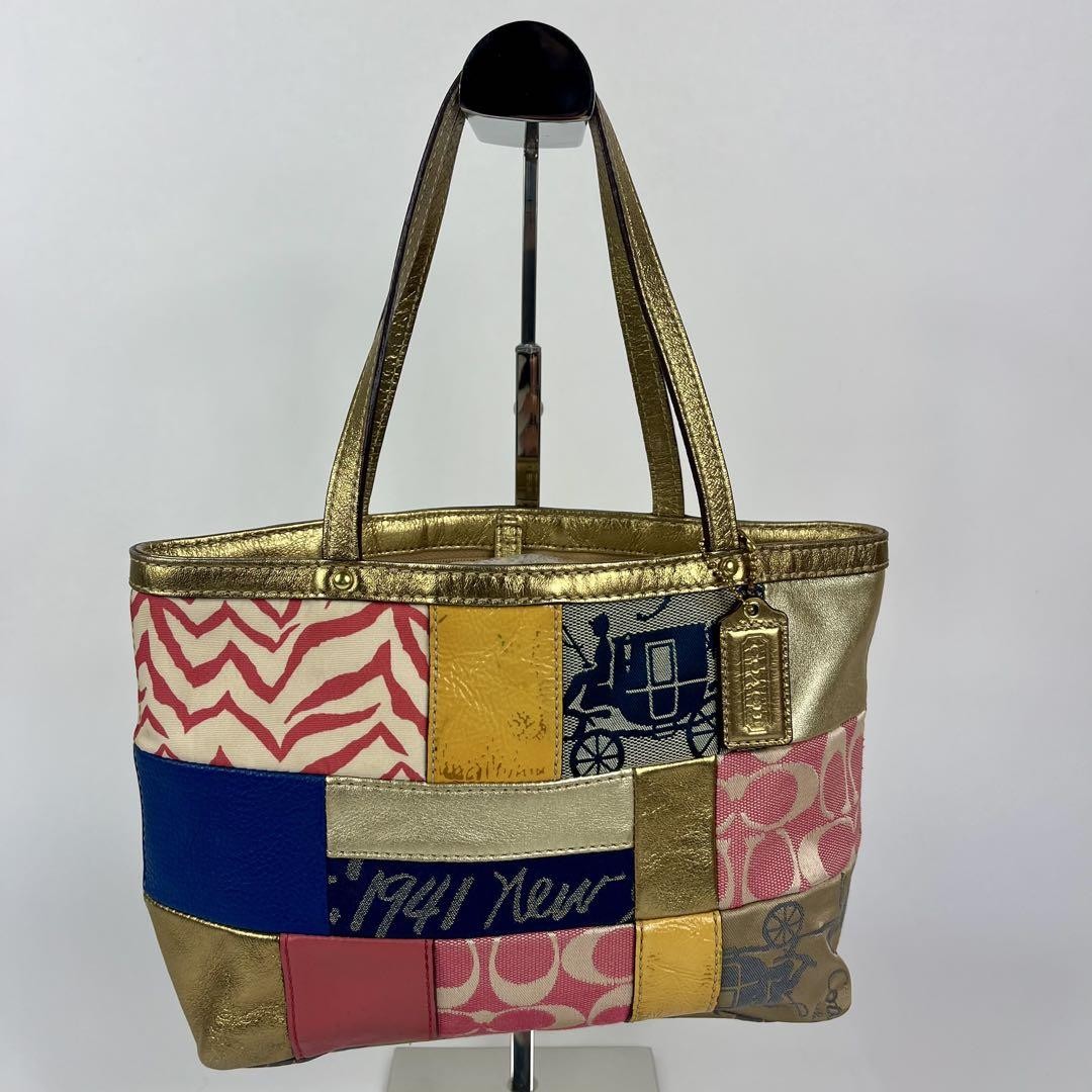 COACH Hand Bag Tote Purse 45656 Patchwork Signature Canvas Multicolor Authentic
