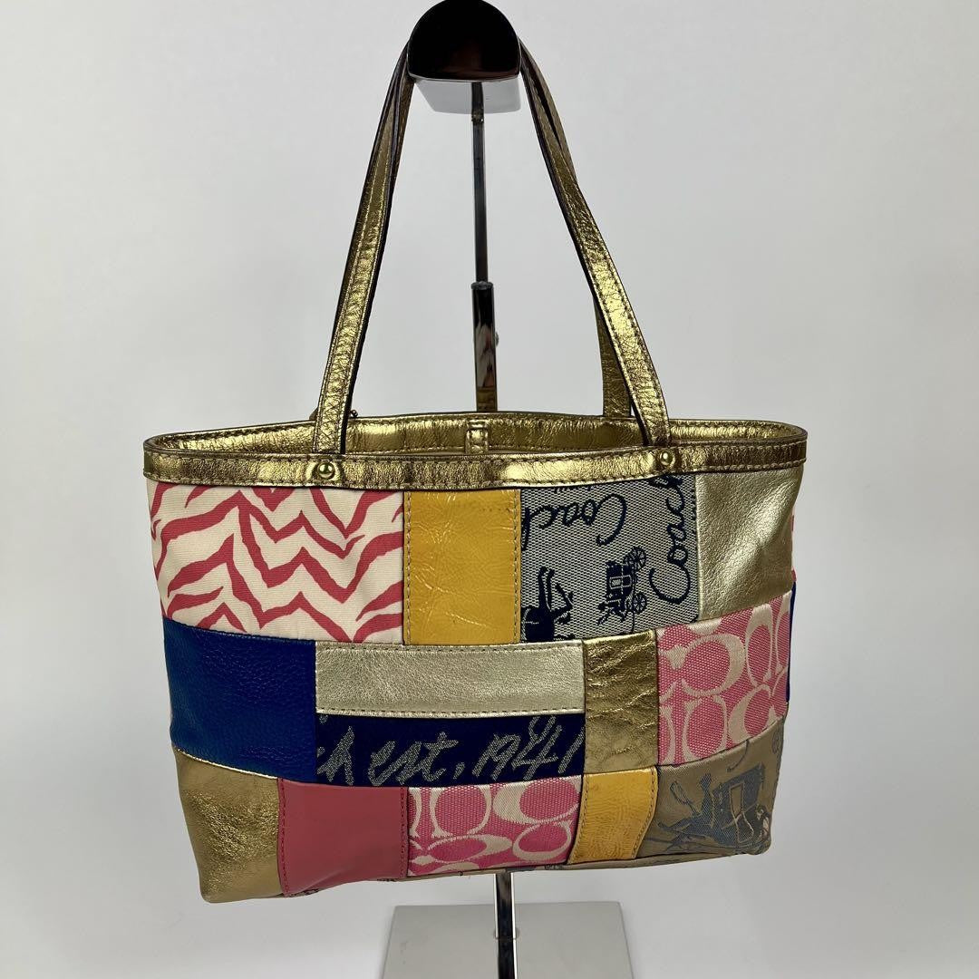 COACH Hand Bag Tote Purse 45656 Patchwork Signature Canvas Multicolor Authentic