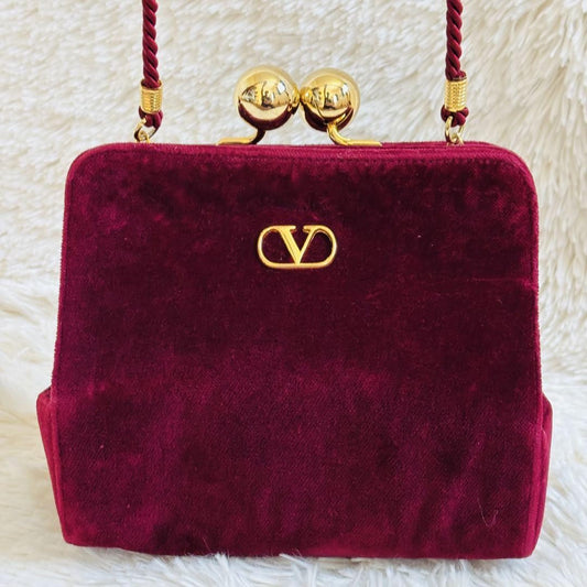 Valentino Shoulder Bag Purse Logo Velour Wine Red Authentic