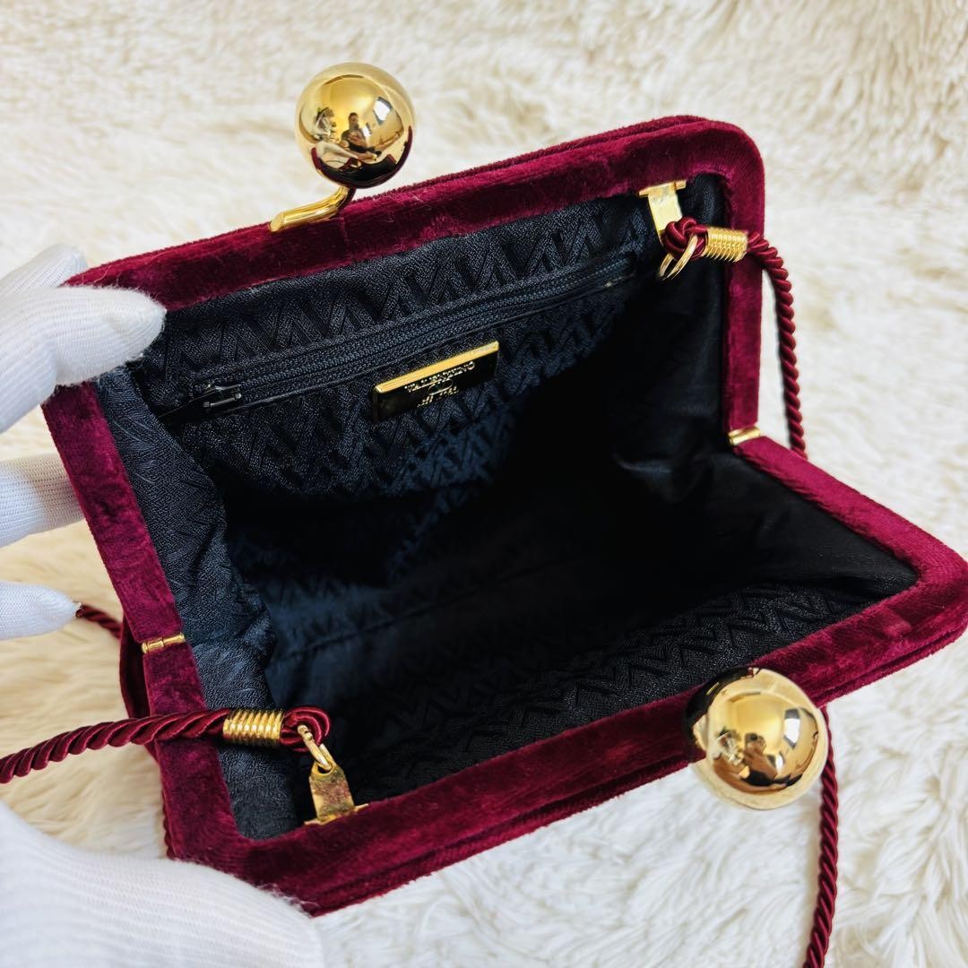 Valentino Shoulder Bag Purse Logo Velour Wine Red Authentic