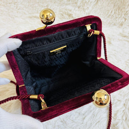 Valentino Shoulder Bag Purse Logo Velour Wine Red Authentic