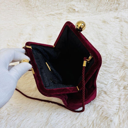 Valentino Shoulder Bag Purse Logo Velour Wine Red Authentic