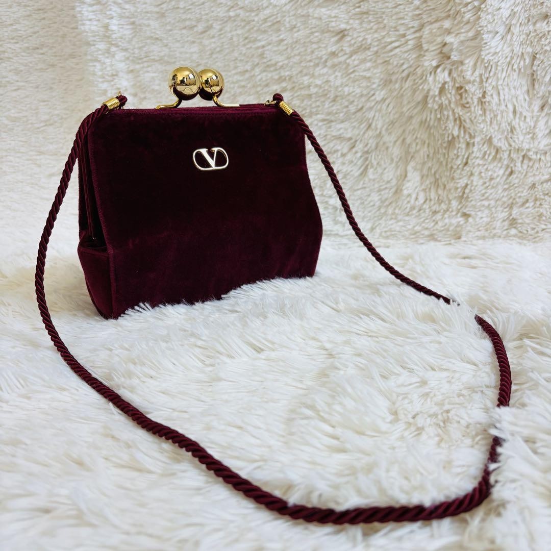 Valentino Shoulder Bag Purse Logo Velour Wine Red Authentic