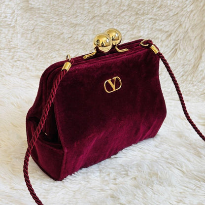 Valentino Shoulder Bag Purse Logo Velour Wine Red Authentic