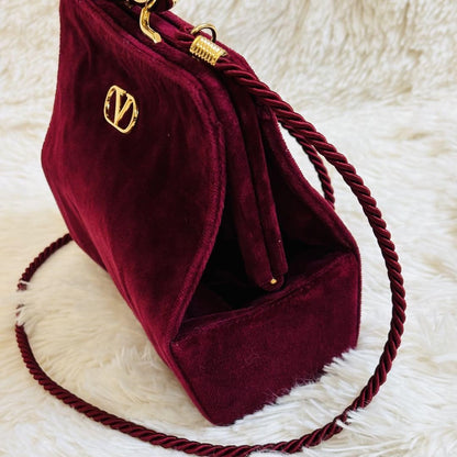 Valentino Shoulder Bag Purse Logo Velour Wine Red Authentic
