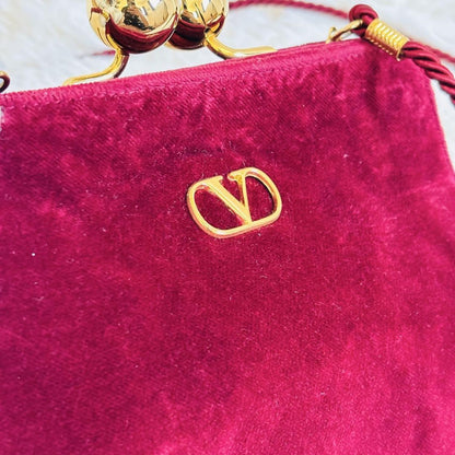 Valentino Shoulder Bag Purse Logo Velour Wine Red Authentic