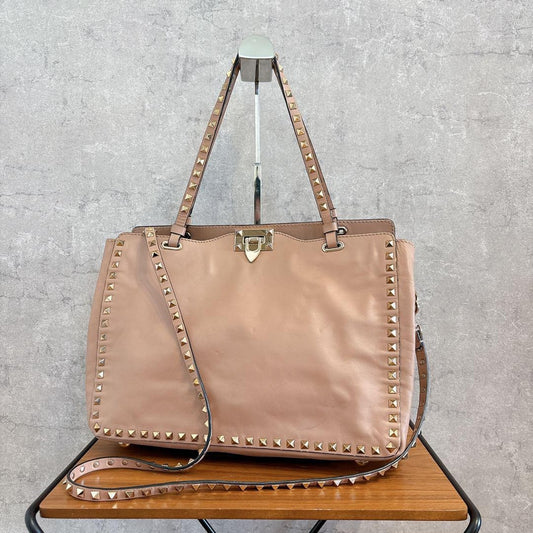 Valentino Garavani Hand Shoulder Bag Purse 2way Rockstuds Leather Pink Beige