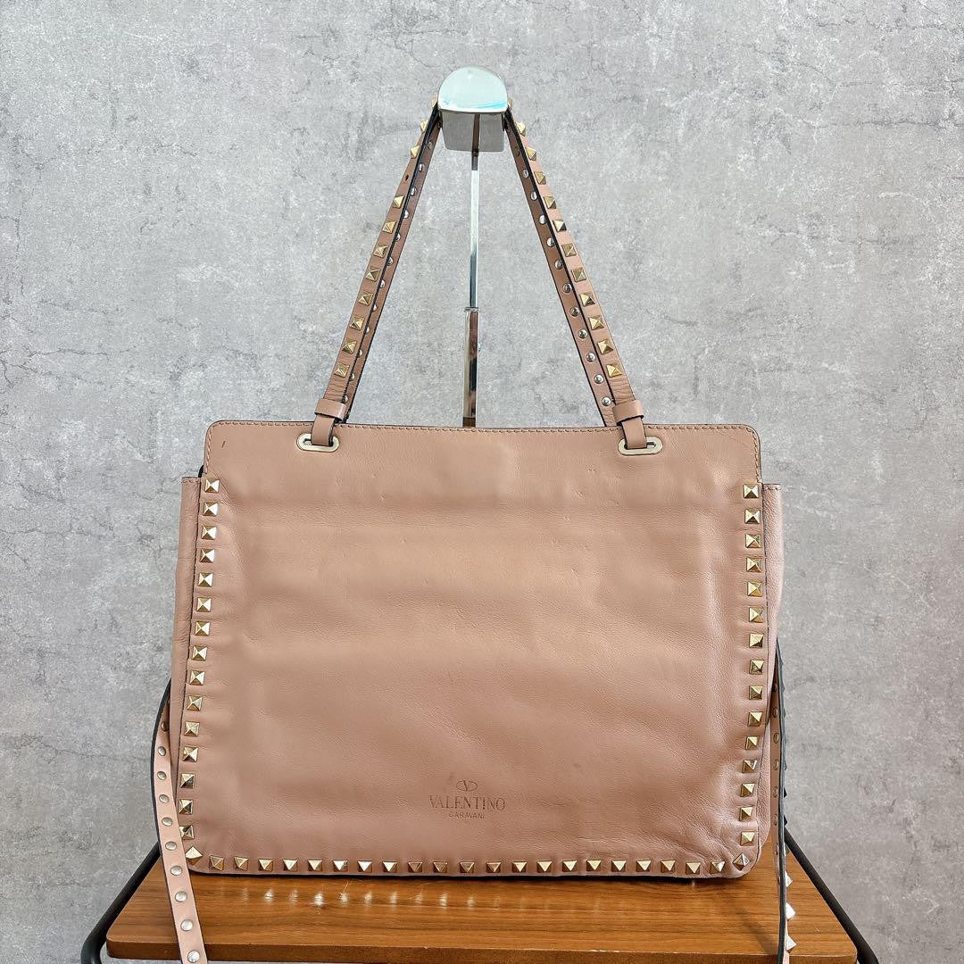 Valentino Garavani Hand Shoulder Bag Purse 2way Rockstuds Leather Pink Beige