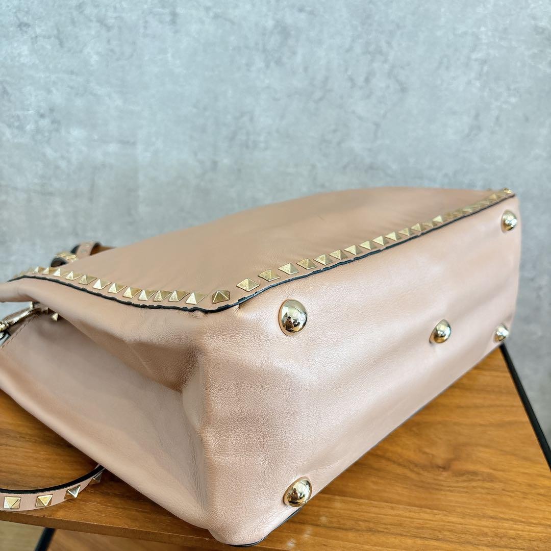 Valentino Garavani Hand Shoulder Bag Purse 2way Rockstuds Leather Pink Beige