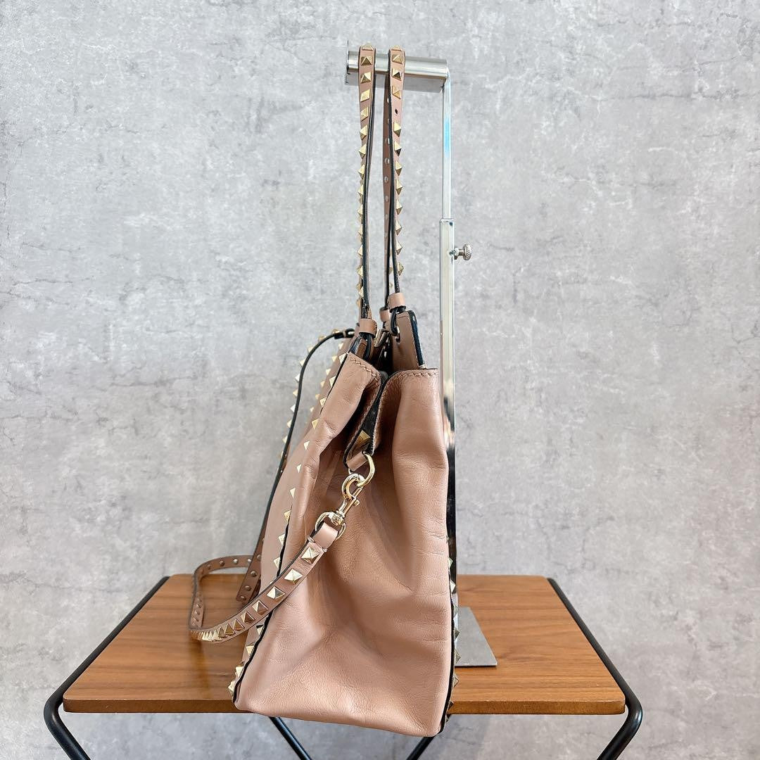 Valentino Garavani Hand Shoulder Bag Purse 2way Rockstuds Leather Pink Beige