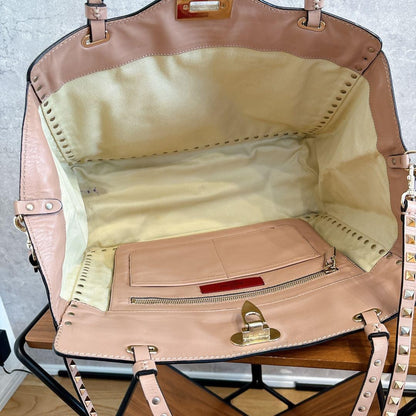 Valentino Garavani Hand Shoulder Bag Purse 2way Rockstuds Leather Pink Beige